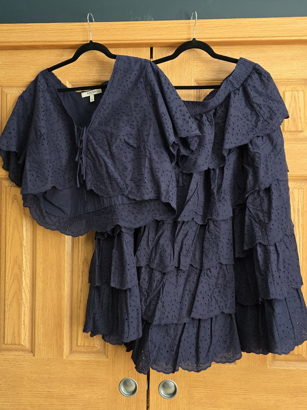 Women's 2 Piece Navy Eyelet Ruffle Dress with Tie-Front Top